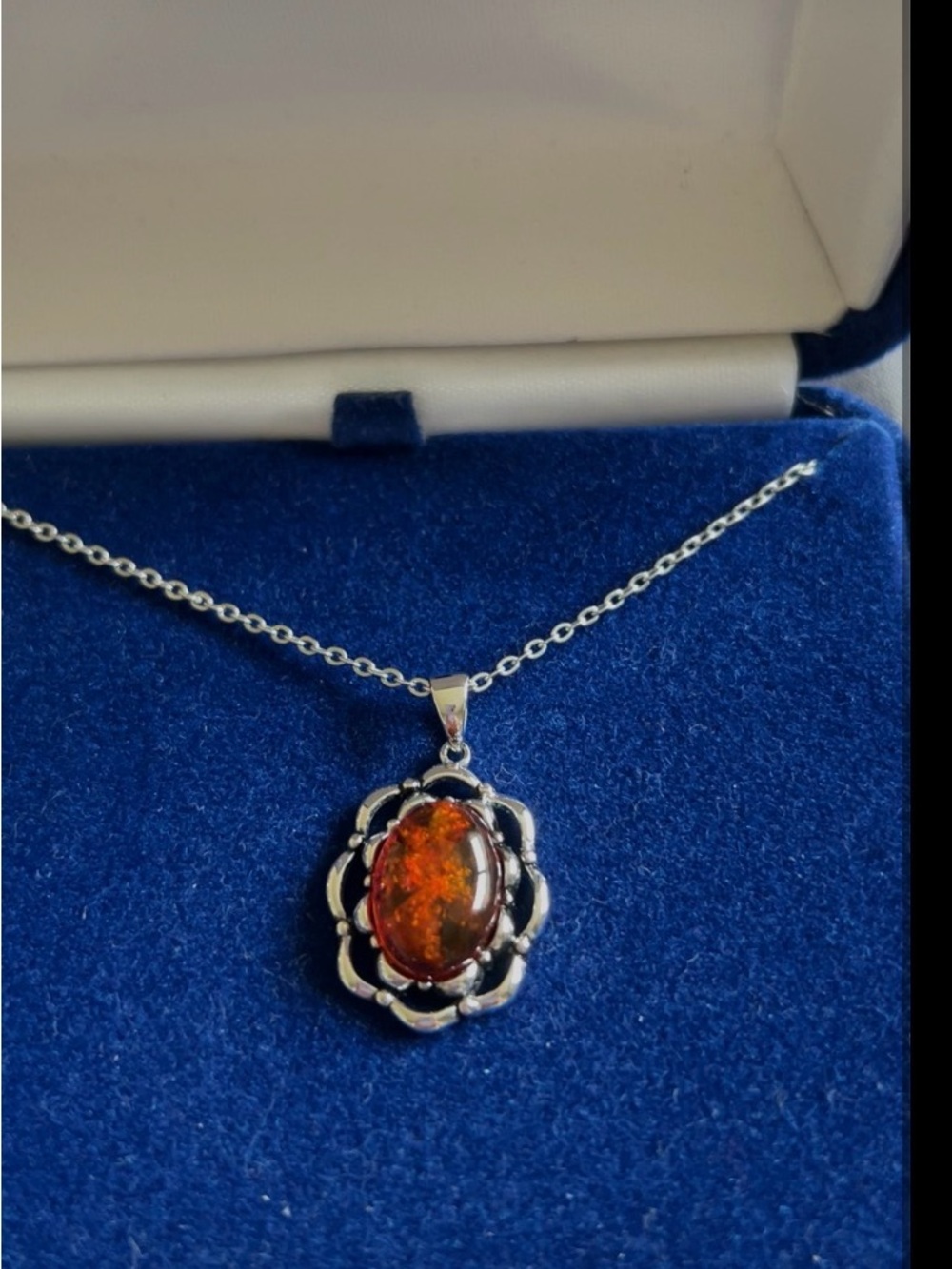 Sterling Silver Amber Pendant Necklace - Orange/Amber Gem. 18”